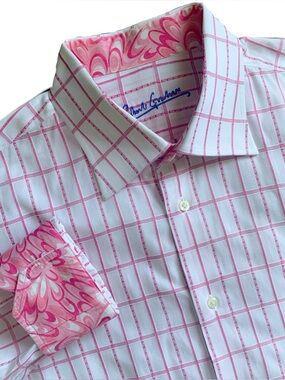 Robert Graham Floral Flip Cuff Pink Windowpane Button Up Shirt Size XL 17.5